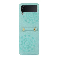 Mandala Flower Leather Protective Cover With Strap For Samsung Galaxy Z Flip 4 - Teal