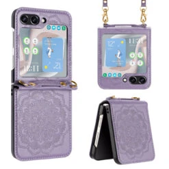 Mandala Flower Leather Protective Cover With Strap For Samsung Galaxy Z Flip 5 - Purple