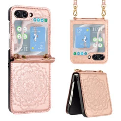 Mandala Flower Leather Protective Cover With Strap For Samsung Galaxy Z Flip 5 - Rose Gold