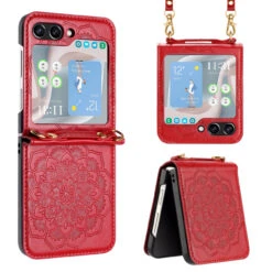 Mandala Flower Leather Protective Cover With Strap For Samsung Galaxy Z Flip 5 - Red