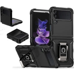 Military Grade Shockproof Hybrid Armor Case With Ring Grip For Samsung Galaxy Z Flip 4 - Black -ringkestore shop QBOPTI 4Flip BK1 58889.1661042270