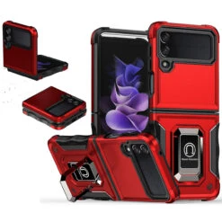 Military Grade Shockproof Hybrid Armor Case With Ring Grip For Samsung Galaxy Z Flip 4 - Red -ringkestore shop QBOPTI 4Flip Red 1 12434.1661042270