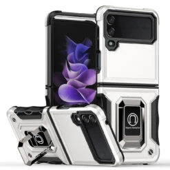 Military Grade Shockproof Hybrid Armor Case With Ring Grip For Samsung Galaxy Z Flip 4 - Silver