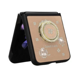 Four-Leaf Clover Diamond Rhinestone Case With Ring Grip For Samsung Galaxy Z Flip 4 - Gold -ringkestore shop QBSPLNDFL 4Flip GGLF 2 25365.1662239001