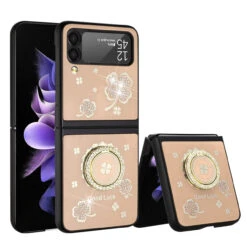 Four-Leaf Clover Diamond Rhinestone Case With Ring Grip For Samsung Galaxy Z Flip 4 - Gold