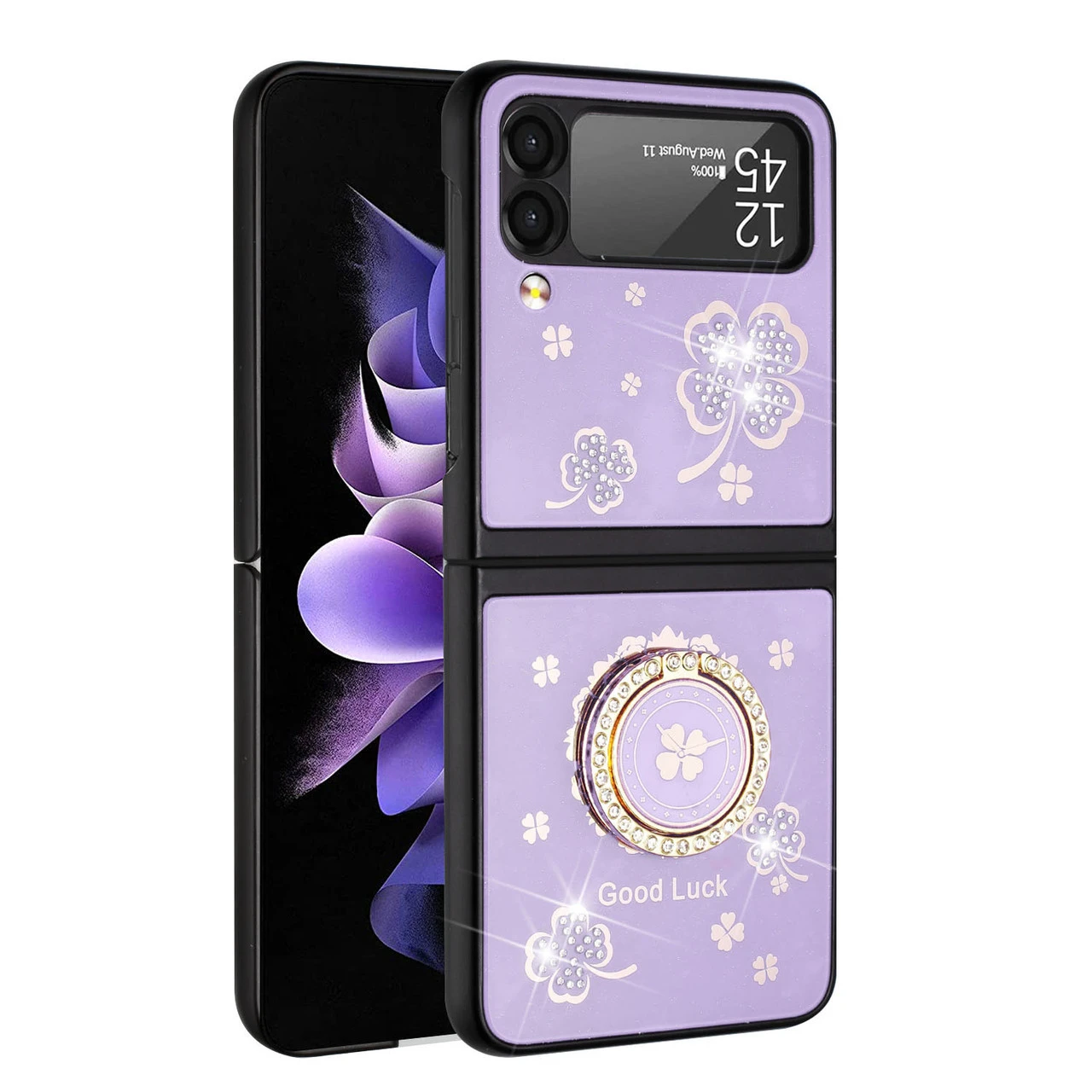 Four-Leaf Clover Diamond Rhinestone Case With Ring Grip For Samsung Galaxy Z Flip 4 - Purple 4 Four-Leaf Clover Diamond Rhinestone Case With Ring Grip For Samsung Galaxy Z Flip 4 - Purple - Image 4