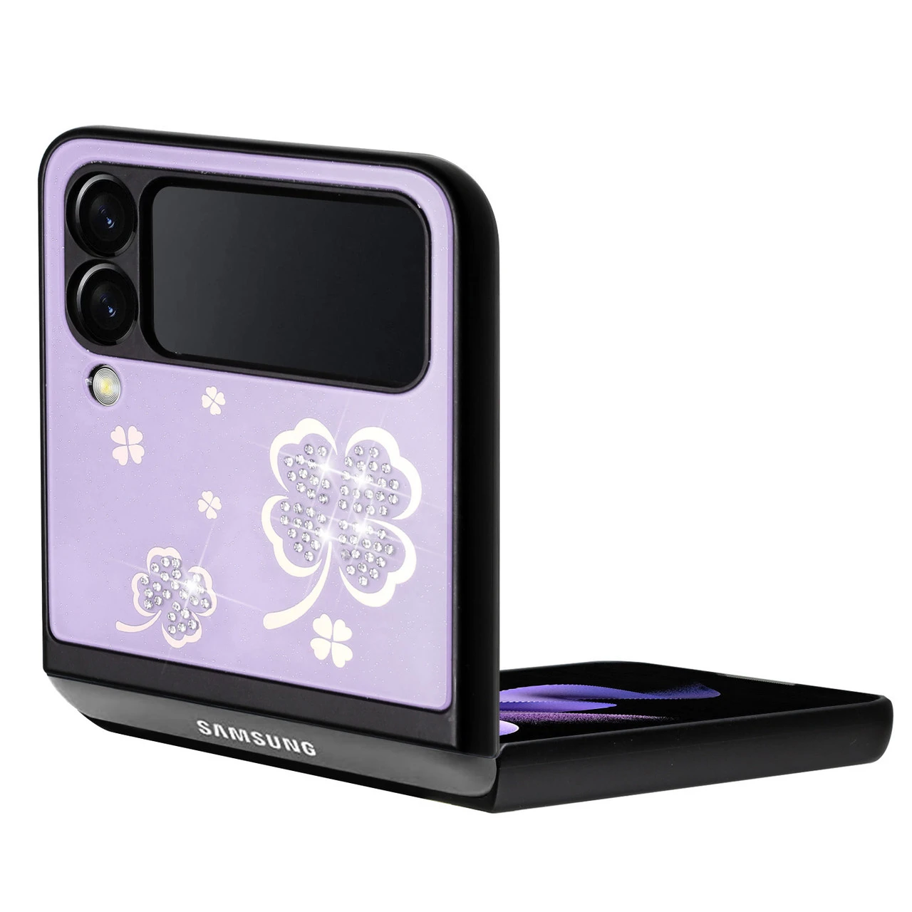 Four-Leaf Clover Diamond Rhinestone Case With Ring Grip For Samsung Galaxy Z Flip 4 - Purple 2 Four-Leaf Clover Diamond Rhinestone Case With Ring Grip For Samsung Galaxy Z Flip 4 - Purple - Image 2