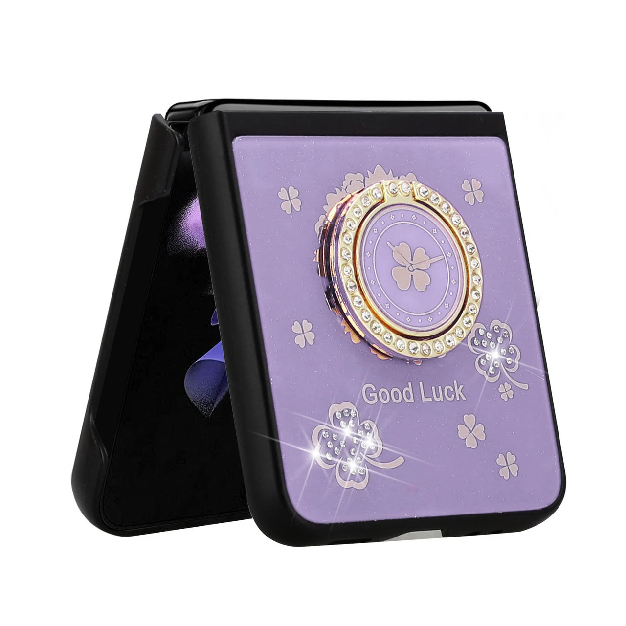Four-Leaf Clover Diamond Rhinestone Case With Ring Grip For Samsung Galaxy Z Flip 4 - Purple 3 Four-Leaf Clover Diamond Rhinestone Case With Ring Grip For Samsung Galaxy Z Flip 4 - Purple - Image 3