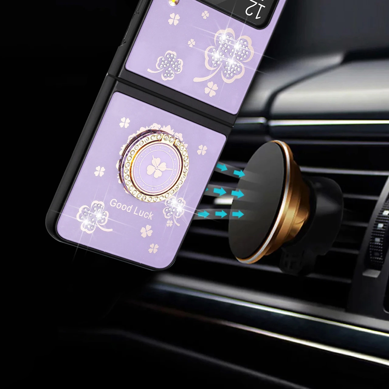 Four-Leaf Clover Diamond Rhinestone Case With Ring Grip For Samsung Galaxy Z Flip 4 - Purple 5 Four-Leaf Clover Diamond Rhinestone Case With Ring Grip For Samsung Galaxy Z Flip 4 - Purple - Image 5