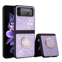 Four-Leaf Clover Diamond Rhinestone Case With Ring Grip For Samsung Galaxy Z Flip 4 - Purple