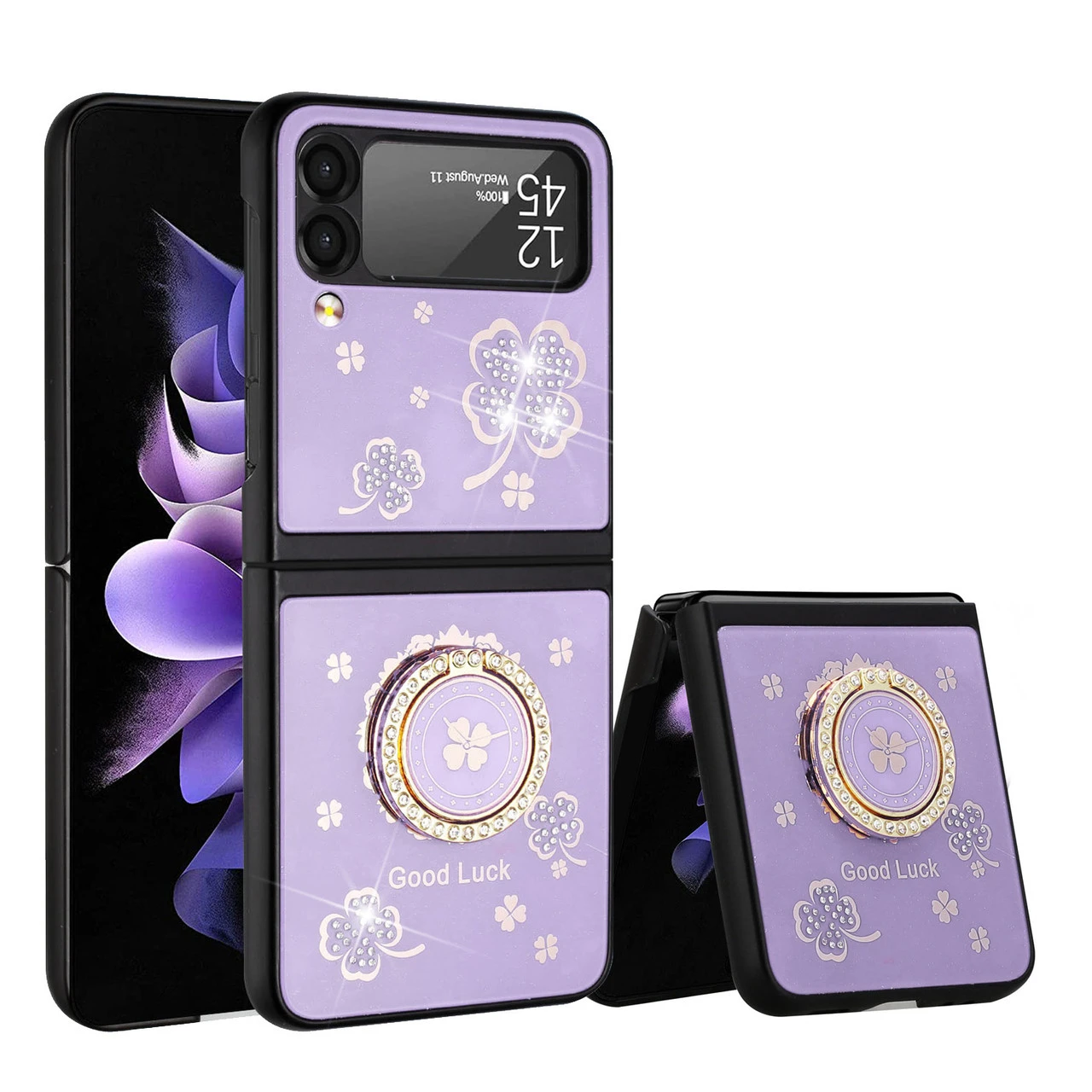 Four-Leaf Clover Diamond Rhinestone Case With Ring Grip For Samsung Galaxy Z Flip 4 - Purple 1 Four-Leaf Clover Diamond Rhinestone Case With Ring Grip For Samsung Galaxy Z Flip 4 - Purple
