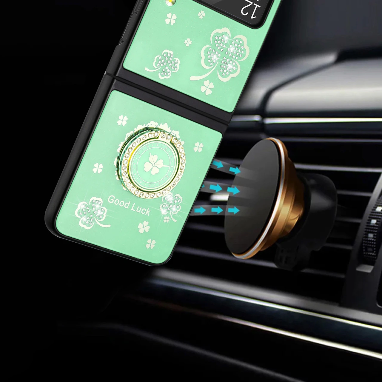 Four-Leaf Clover Diamond Rhinestone Case With Ring Grip For Samsung Galaxy Z Flip 4 - Teal 4 Four-Leaf Clover Diamond Rhinestone Case With Ring Grip For Samsung Galaxy Z Flip 4 - Teal - Image 4