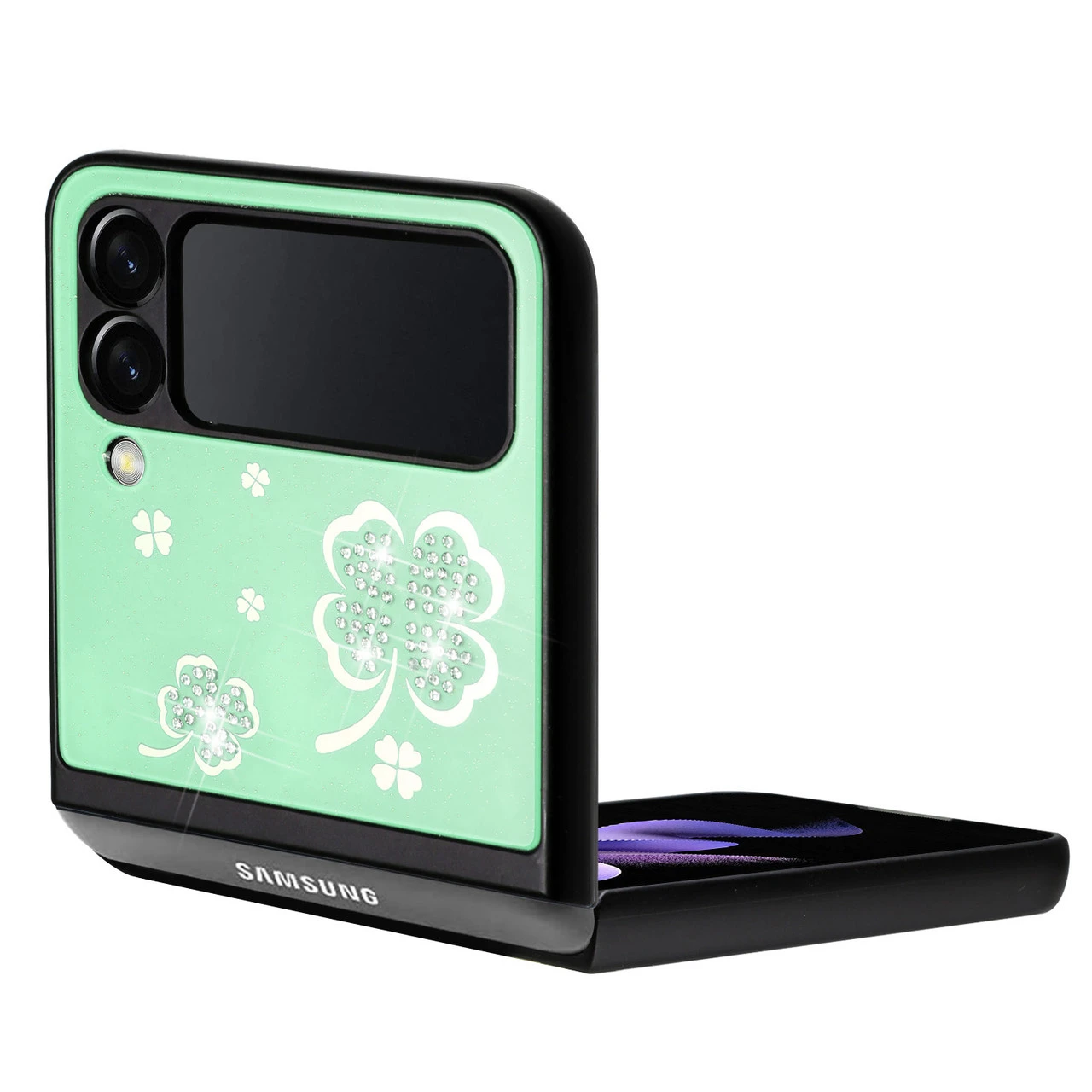 Four-Leaf Clover Diamond Rhinestone Case With Ring Grip For Samsung Galaxy Z Flip 4 - Teal 2 Four-Leaf Clover Diamond Rhinestone Case With Ring Grip For Samsung Galaxy Z Flip 4 - Teal - Image 2