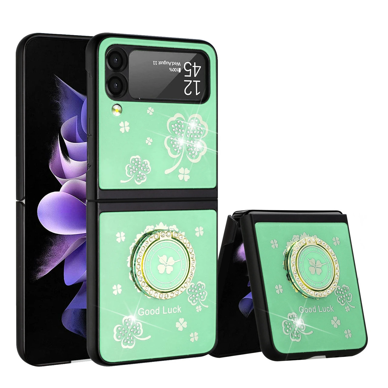 Four-Leaf Clover Diamond Rhinestone Case With Ring Grip For Samsung Galaxy Z Flip 4 - Teal 1 Four-Leaf Clover Diamond Rhinestone Case With Ring Grip For Samsung Galaxy Z Flip 4 - Teal