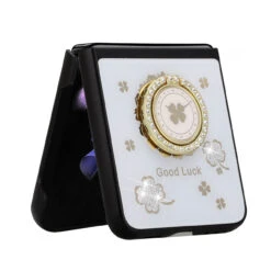 Four-Leaf Clover Diamond Rhinestone Case With Ring Grip For Samsung Galaxy Z Flip 4 - White -ringkestore shop QBSPLNDFL 4Flip WGLF 2 99199.1662240506