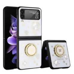 Four-Leaf Clover Diamond Rhinestone Case With Ring Grip For Samsung Galaxy Z Flip 4 - White