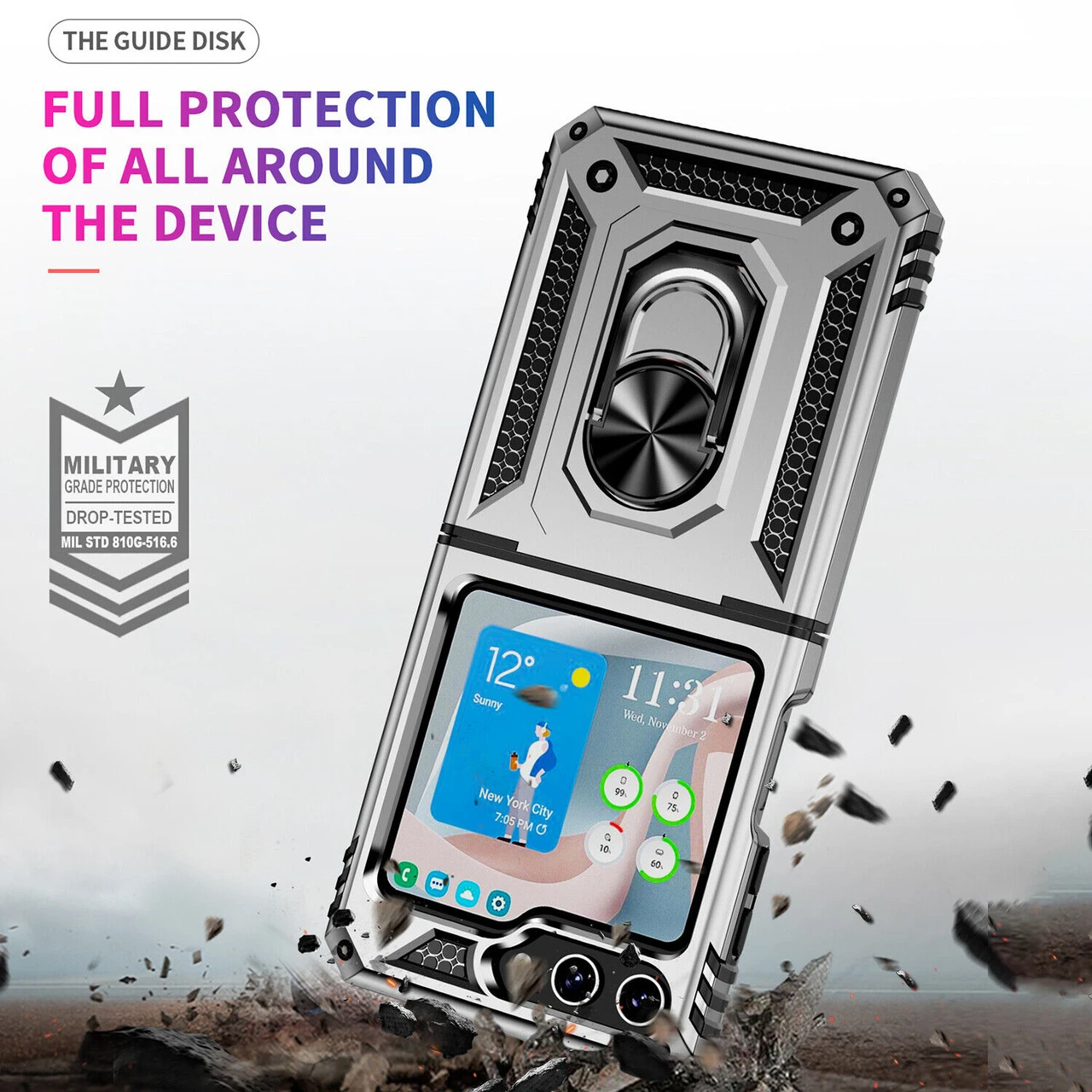 Ring Grip Hybrid Case For Samsung Galaxy Z Flip 5 - Silver 2 Ring Grip Hybrid Case For Samsung Galaxy Z Flip 5 - Silver - Image 2