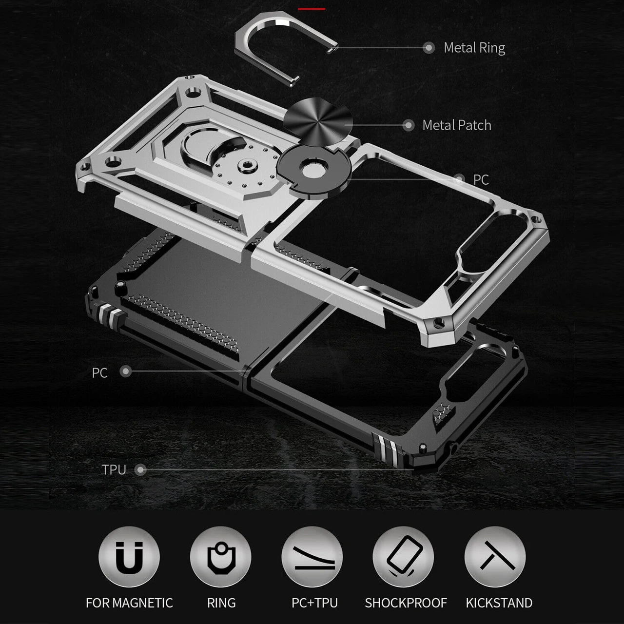 Ring Grip Hybrid Case For Samsung Galaxy Z Flip 5 - Silver 6 Ring Grip Hybrid Case For Samsung Galaxy Z Flip 5 - Silver - Image 6